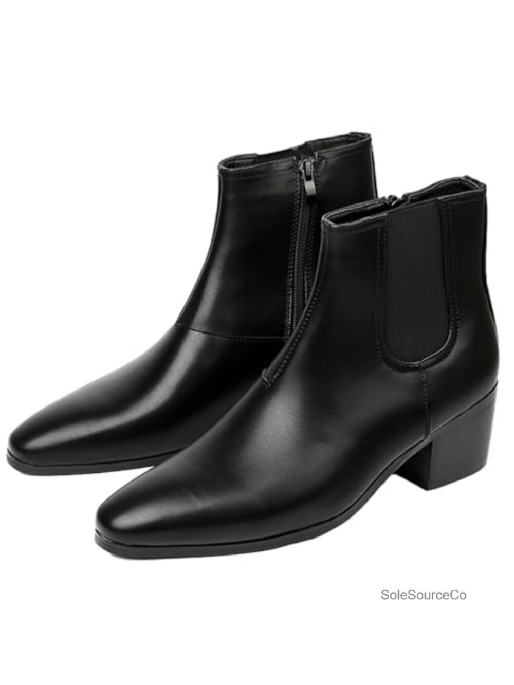 Men's Leather Pointed Toe Chelsea Boots Side Zip Block Heel Ankle Boots